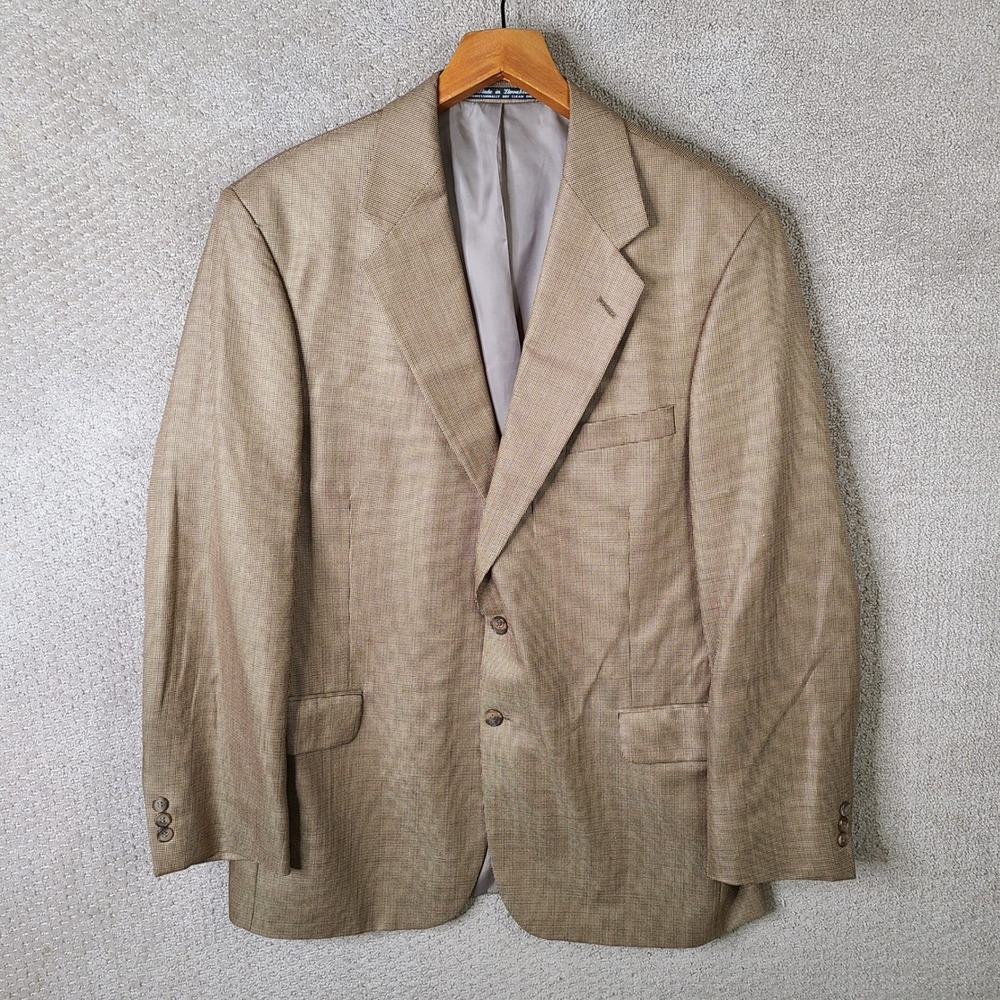 Allyn Saint George Jacket Mens 44L Brown Tan Micro Check Blazer Silk Wool Blend